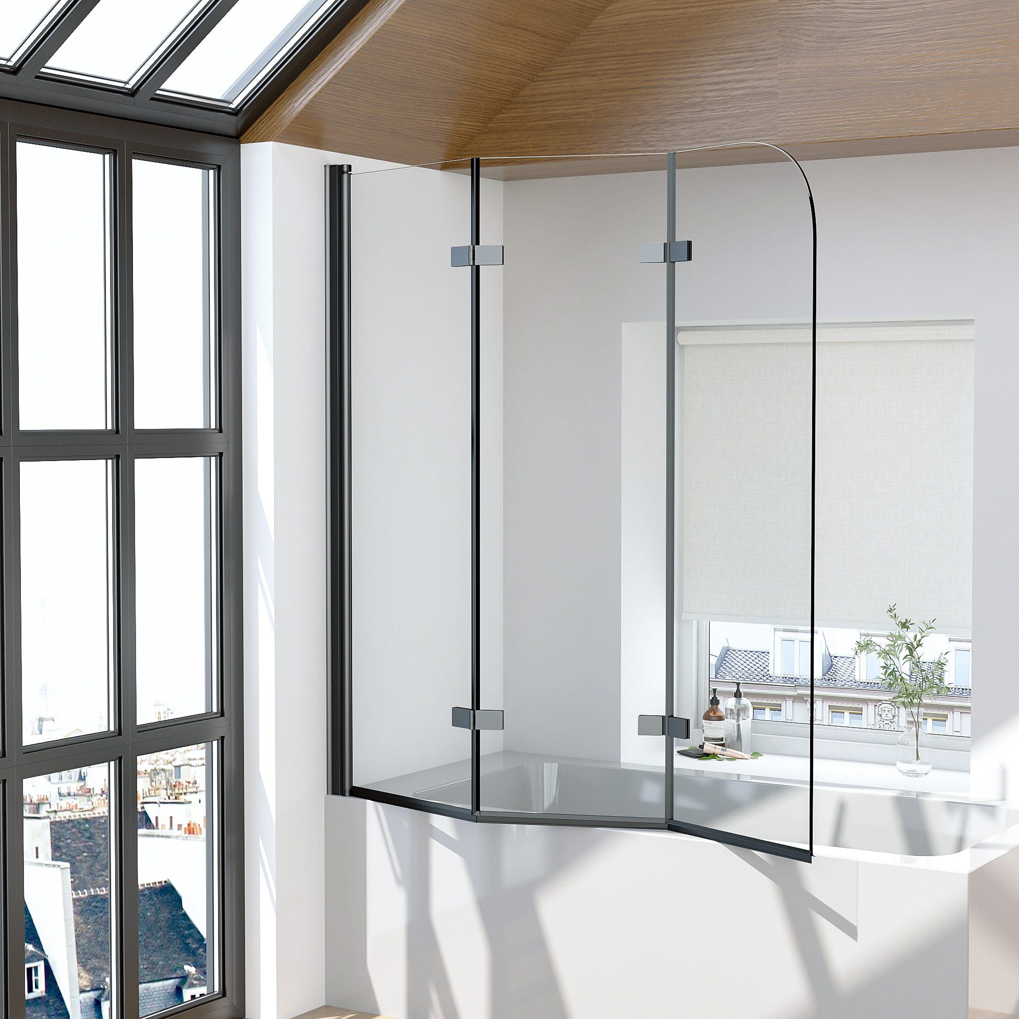 Boromal Badewannenaufsatz Duschwand Badewanne Schwarz 130cm 3-teilig Faltbar Badewannenfaltwand, (Klarglas /Teilsatiniert glas), Badewannenfaltwand Glaswand 6mm ESG Glas