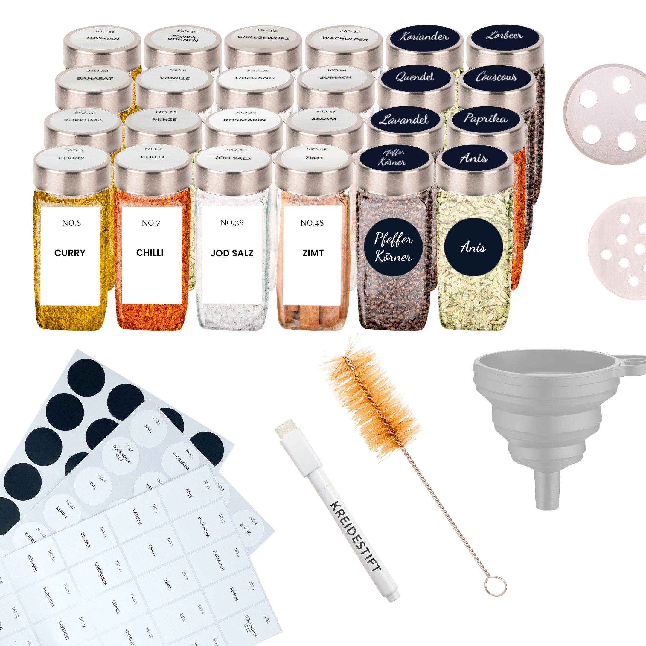 PORADA Gewürzbehälter Gewürzstreuer 120 ml Edelstahl Deckel x172 Etiketten Stift & Trichter, (Set, 24-tlg., 24x Gewürzstreuer 120ml, 120x Aufkleber vorgedruckt, 52x Aufkleber Blank), platzsparend, Edelstahl, luftdicht, aromenneutral