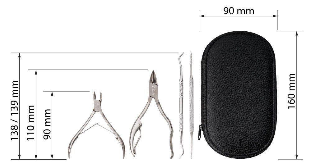 Chali Maniküre-Pediküre-Set Pediküre Set 4-tlg - Nagelzangen Eckenheber Eckenfeile aus Edelstahl, 4-tlg., Große Nagelzange, kleine Nagelzange, Eckenheber, Feile, Etui