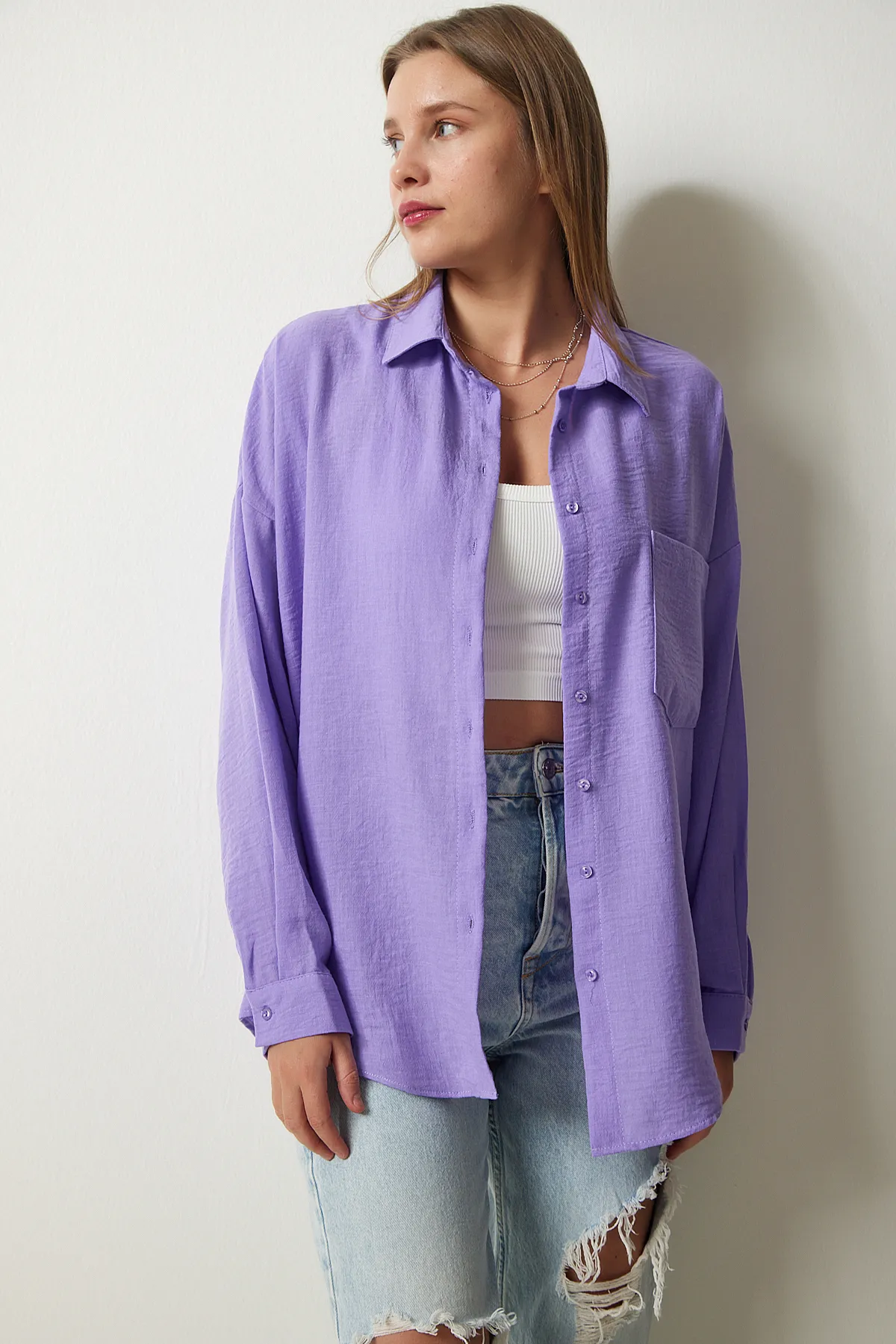 Happiness İstanbul  Lilafarbenes Oversize-Leinen-Ayrobin-Hemd für Damen DD01222