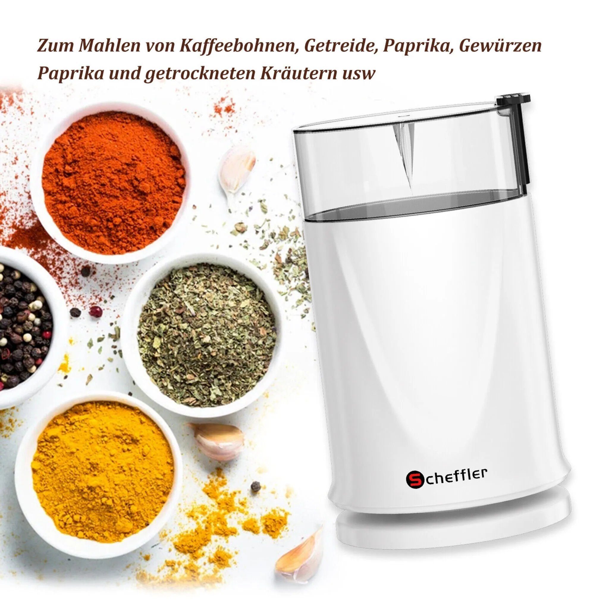 Scheffler Kaffeemühle 200W Elektrische Kaffeemühle mit 304 Edelstahlmesser, 200,00 W, Schlagmesser, 50,00 g Bohnenbehälter, 50g Kapazität