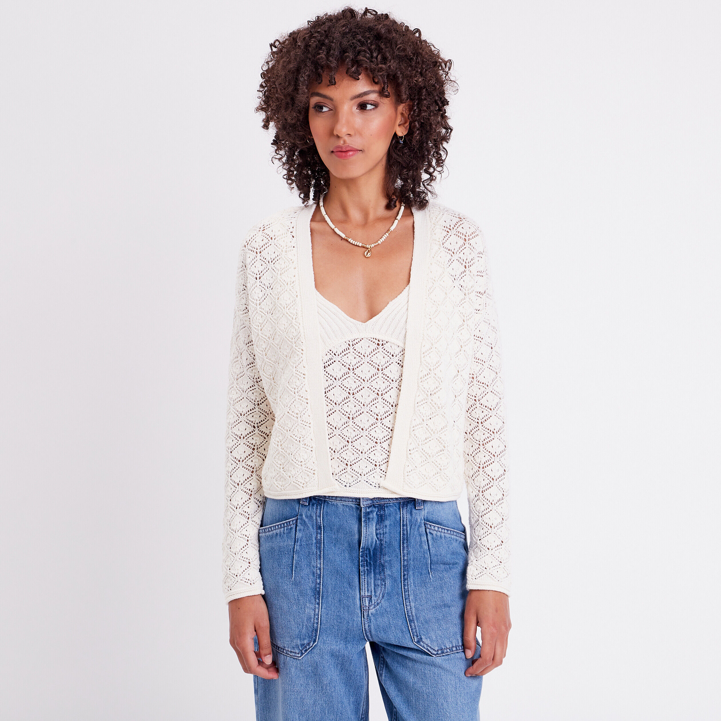 Gilet crop top ajouré ecru femme | Cache Cache