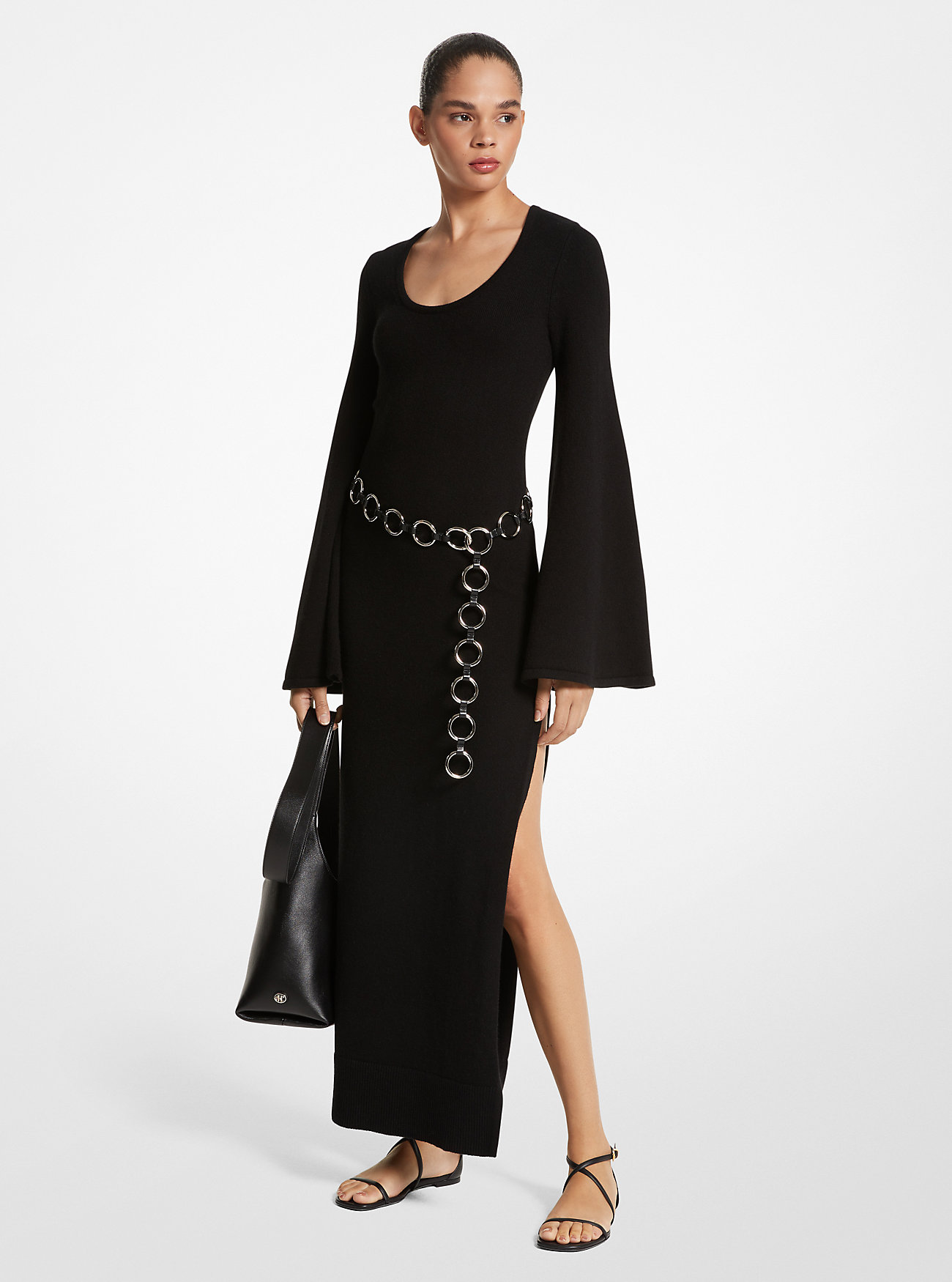 Stretch Cashmere Flare-Sleeve Dress - BLACK