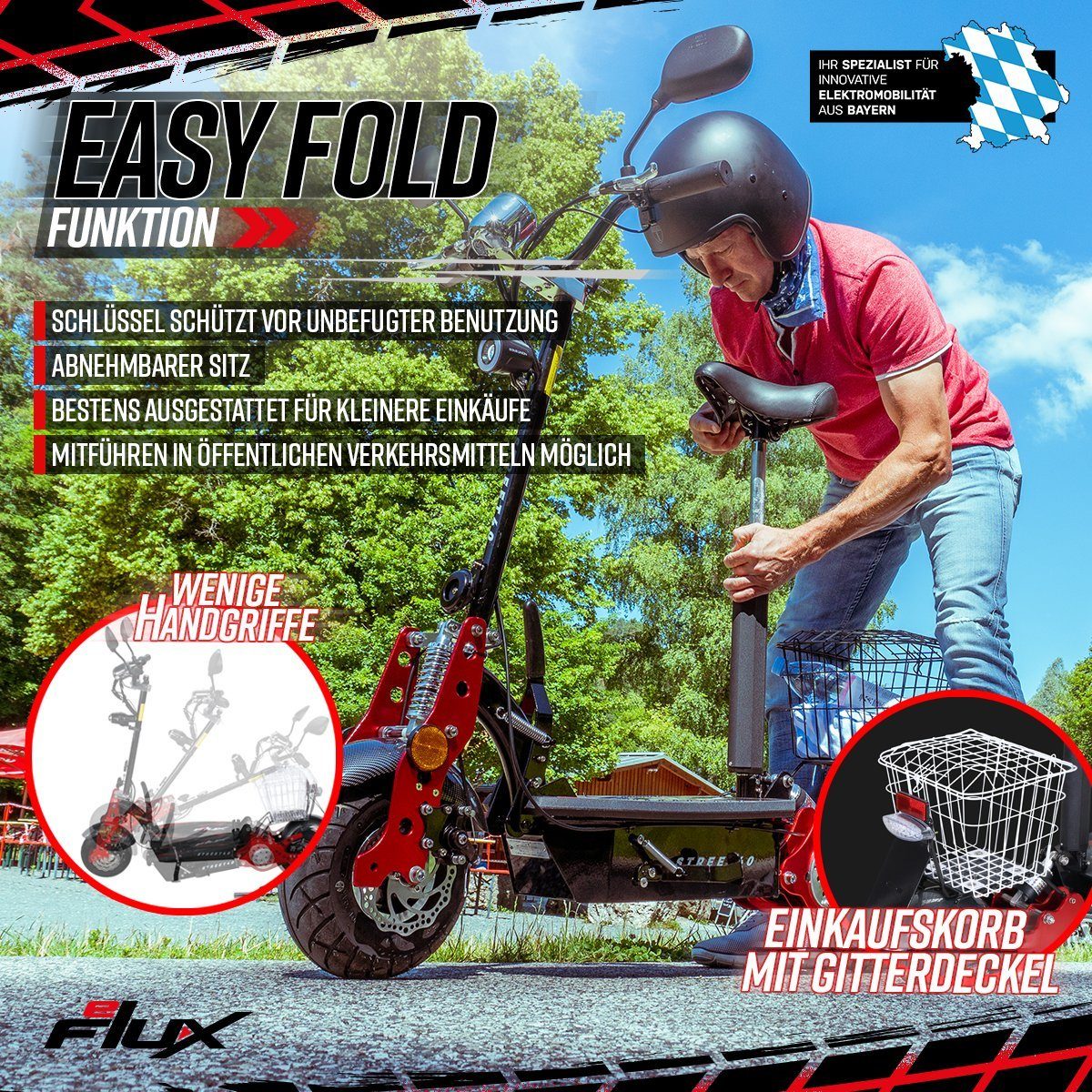 eFlux E-Scooter Street 40 Elektro Roller mit Straßenzulassung klappbar, 800,00 W, 35 km/h, (1 tlg), Scooter - bis 30 km Reichweite - Gepäckkorb - 36 Volt 12 Ah Akku