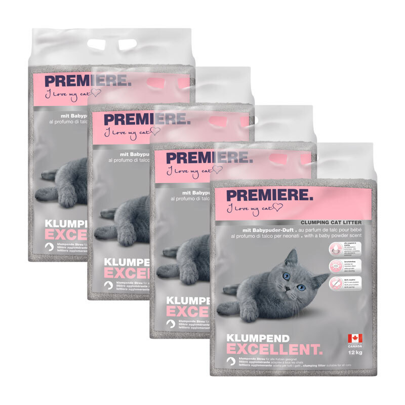 PREMIERE Katzenstreu PREMIERE Excellent Klumpstreu, Babypuder-Duft 4x12 kg