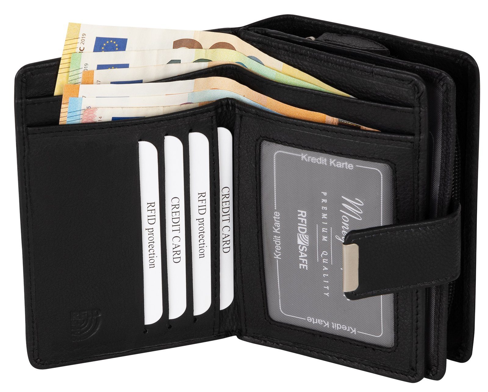 Money Maker Kellnerbörse RFID Damen Geldbörse Portemonnaie Geldbeutel Damenbörse echt Leder, Damen Geldbörse klappbar mit Drückknopf Portemonnaie Geldbeutel