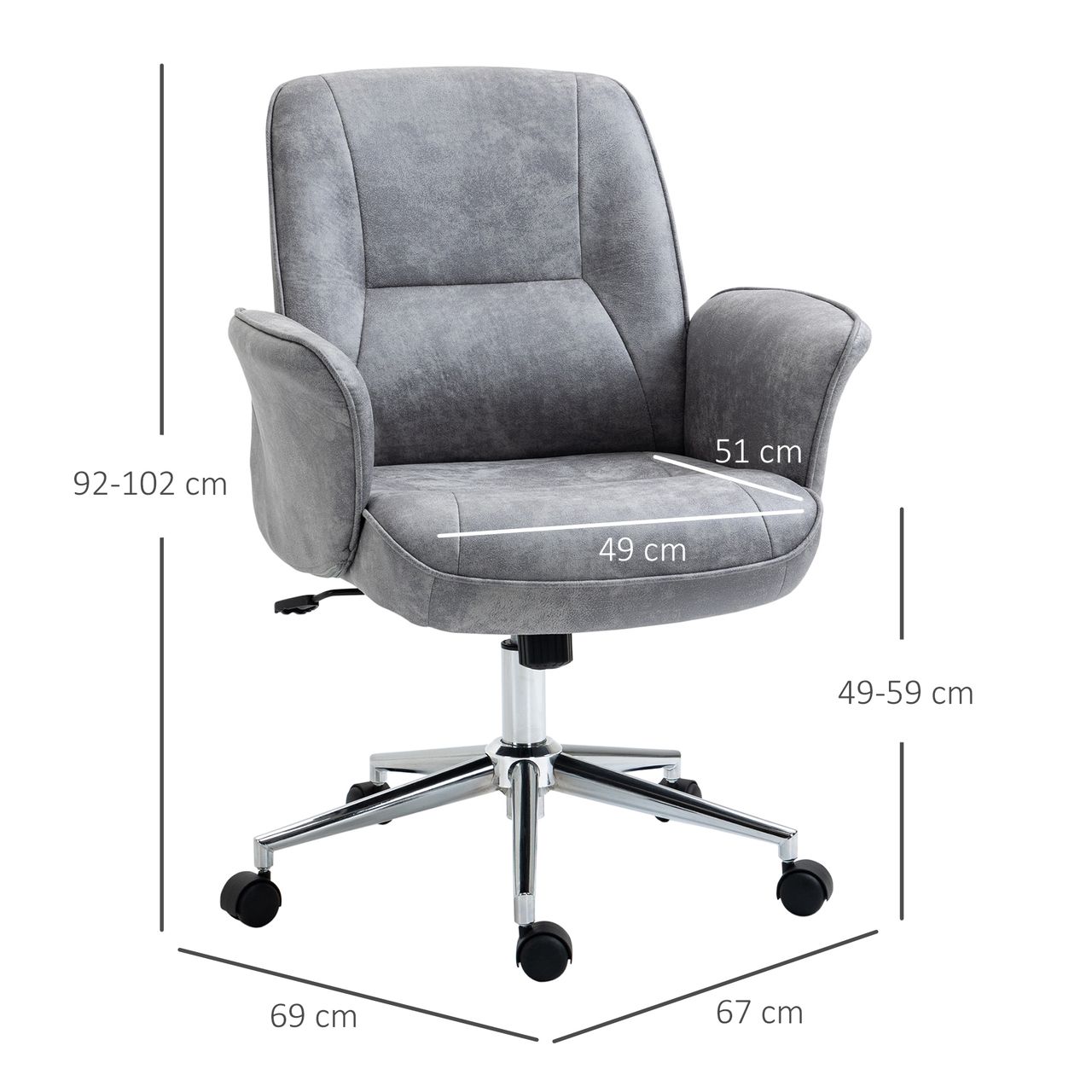 HOMCOM Bürostuhl Schreibtischstuhl Drehstuhl Home-Office-Stuhl mit Wippenfunktion höhenverstellbarer ergonomisch 360°-Drehräder modern schick Mikrofaser Schaumstoff Hellgrau 67x69x102 cm