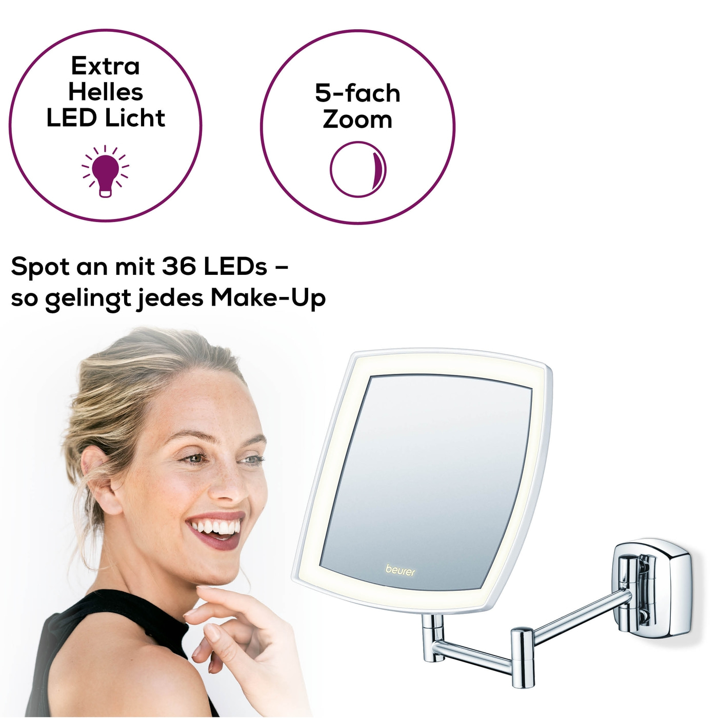 Beleuchteter Kosmetikspiegel BS 89-Beleuchteter Wandspiegel mit extra hellem LED-Licht und 5-fach Zoom