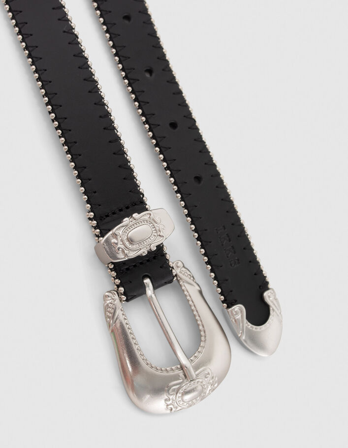 Ceinture noire cuir microbilles et boucle Western Femme