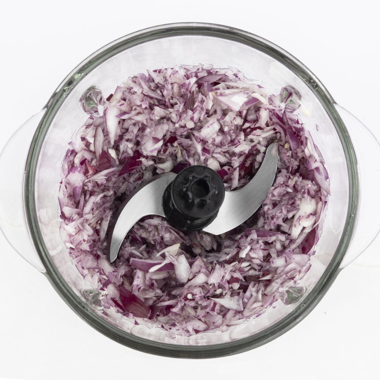 H.Koenig Mini elektrischer Fleischwolf Mattschwarz Chrom LEO8 Widerstandsfähige Schüssel Graduierte Glasschüssel 1L Edelstahlklingen, Einfach zu verwenden, Gemüse Zwiebel Salat Pesto Petersilie Nüsse Fleisch Knoblauch, Aufbewahrungsdeckel