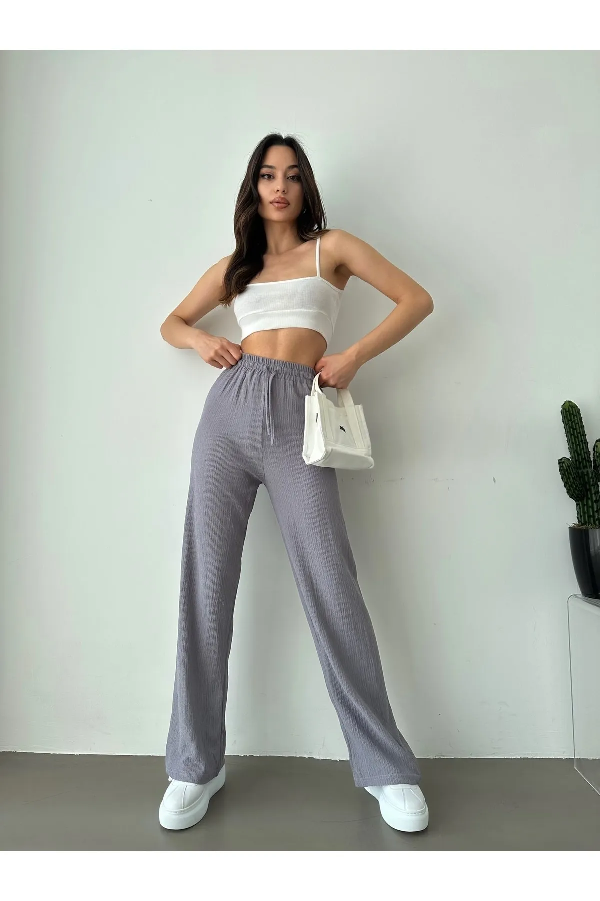 BEJNA  Graue Palazzo-Hose mit elastischem Bund für Damen