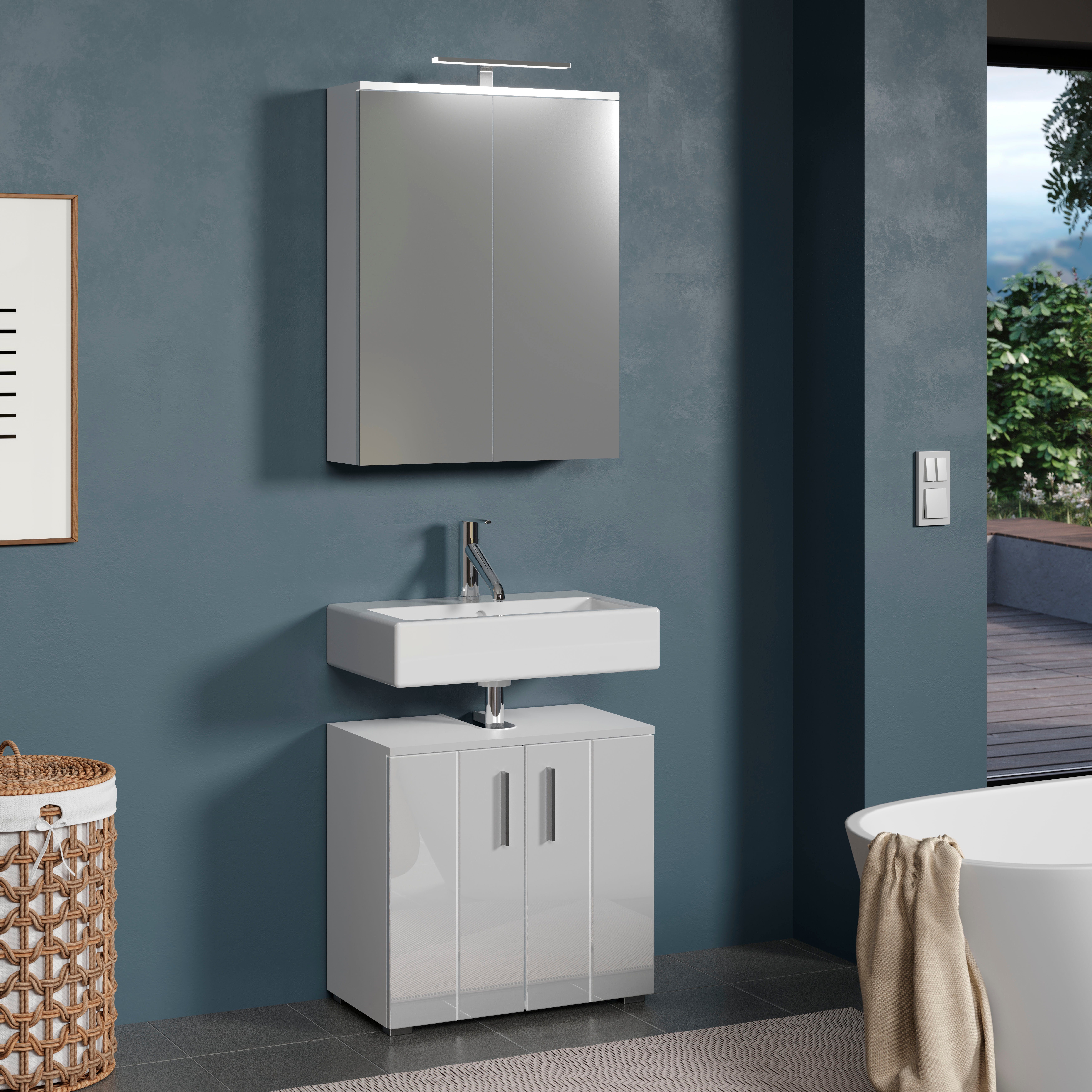 welltime Badezimmer-Set Prag, (Set, 2-St), Waschbeckenunterschrank & Spiegelschrank