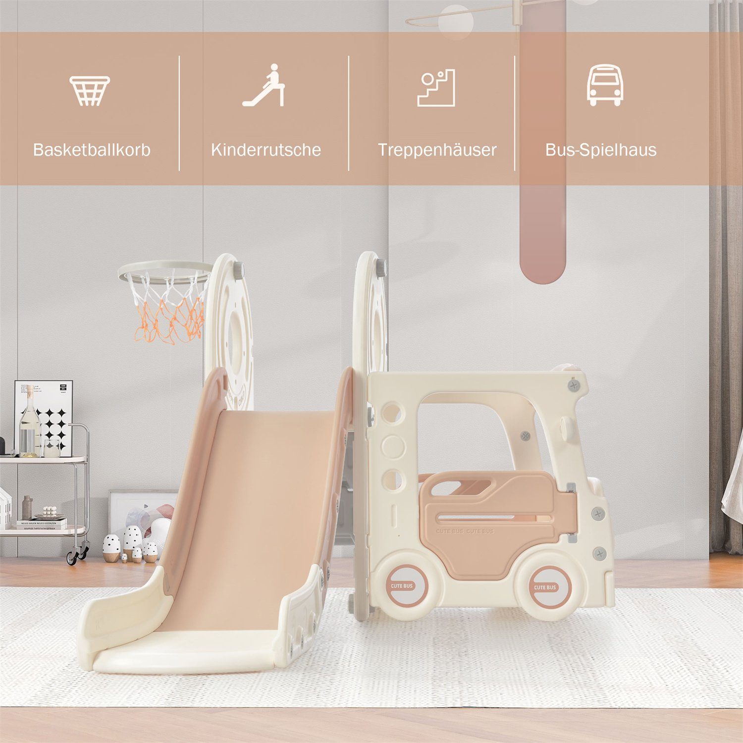 Fangqi Indoor-Rutsche 4-in-1-Kinderrutsche, Indoor-Spielzeug, Rutschenset,Weihnachtsgeschenk, (mit Bus, Rutsche, Aktivitätsleiter, Basketballkorb und passenden Basketbällen)