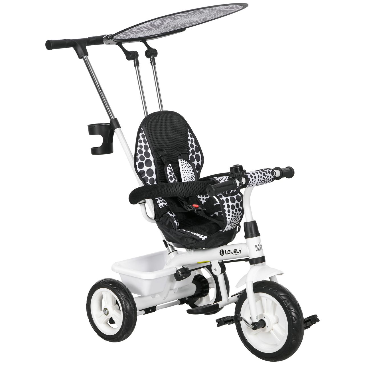 HOMCOM 6-in-1 Dreirad mit Schubstange, Kinderdreirad mit Sonnendach, Korb,  Weiß