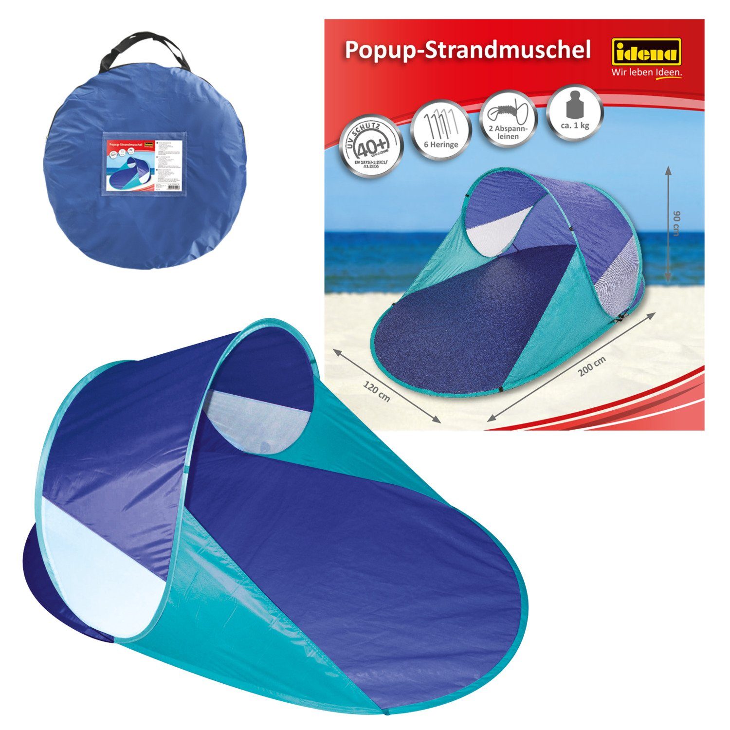 Idena Strandmuschel Idena 7570010 - Pop Up Strandmuschel mit UV Schutz 40+, ca. 2 x 1,2 x