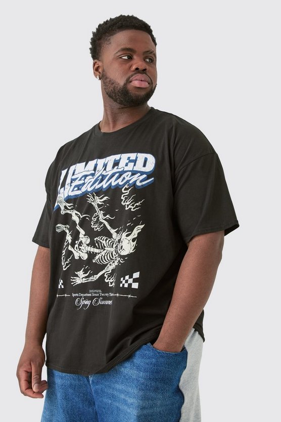 Plus Schwarzes Limited Edition T-Shirt mit Skelett-Print