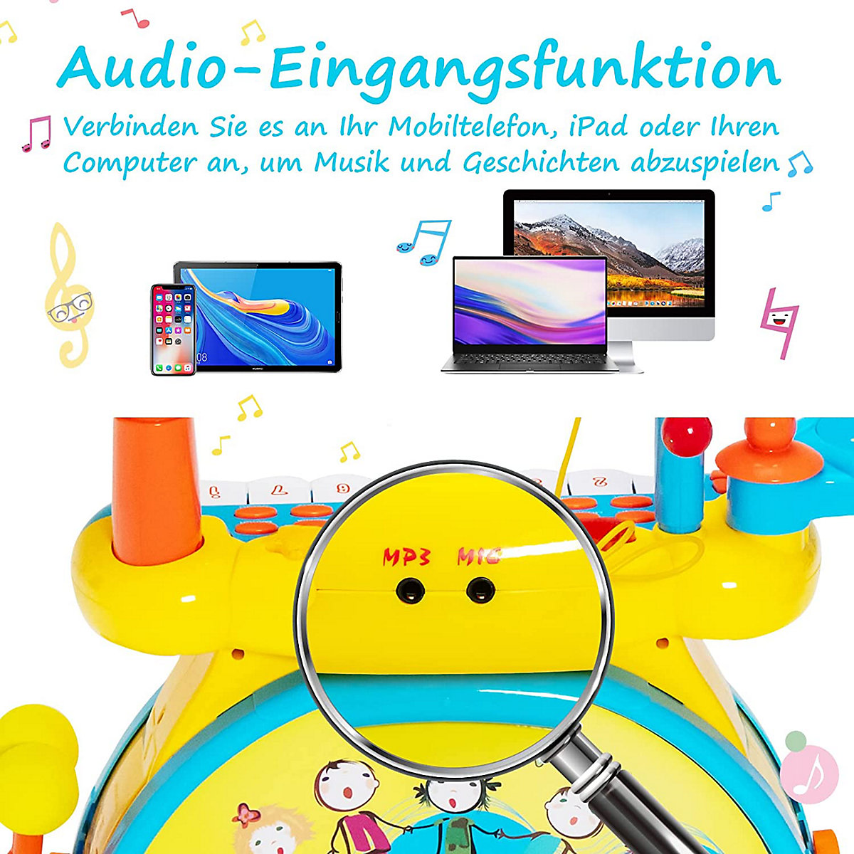 E Trommel mit Keyboard mit Hocker & Mikrofon & LED