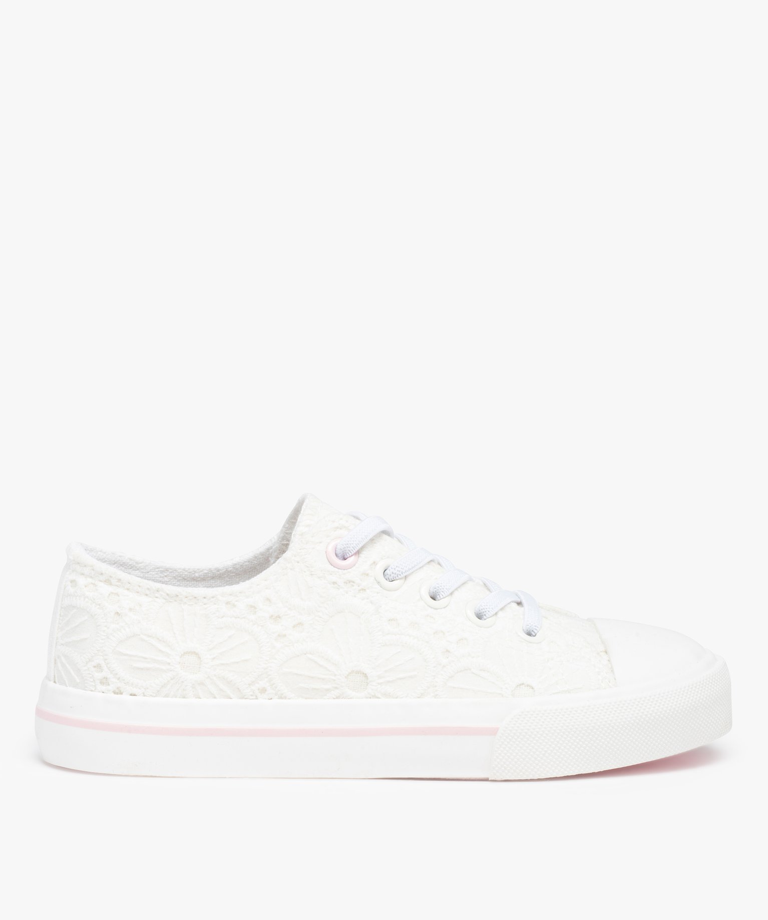 Baskets fille en dentelle anglaise unie et lacets élastiques blanc | GEMO