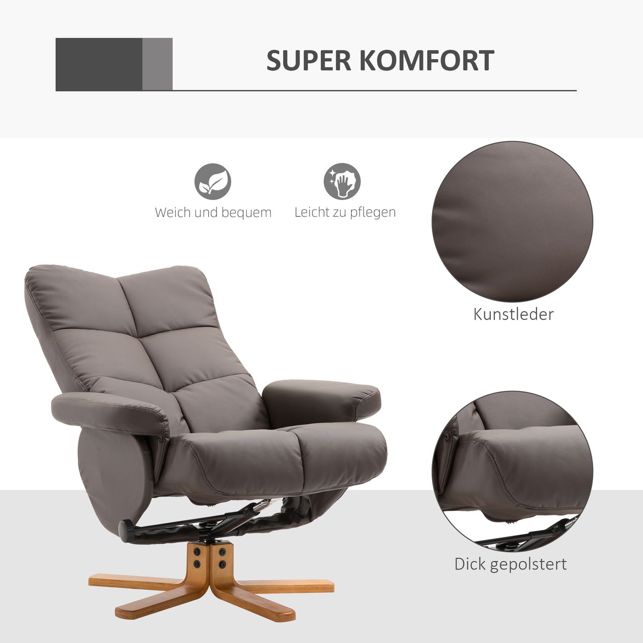 HOMCOM Relaxsessel Fernsehsessel 360° drehbarer Sessel mit Hocker Liegefunktion Holzgestell Braun 80 x 86 x 99cm