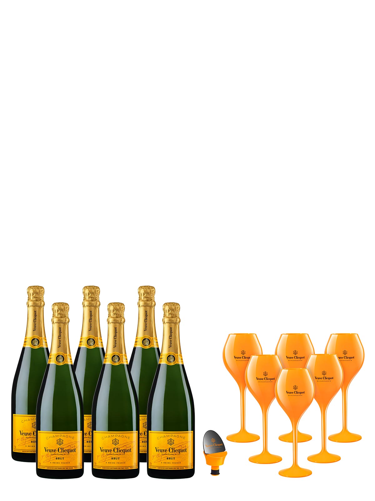Veuve Clicquot Yellow Label Trendy Celebration Set(Geschenkset mit 6 Flaschen 750 ml, 6 Gläsern und 1 Flaschenverschluss)