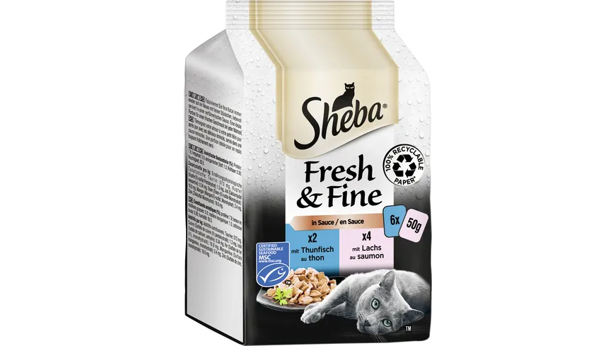 SHEBA® Fresh & Fine in Sauce mit Thunfisch und mit Lachs Portionsbeutel 300 g