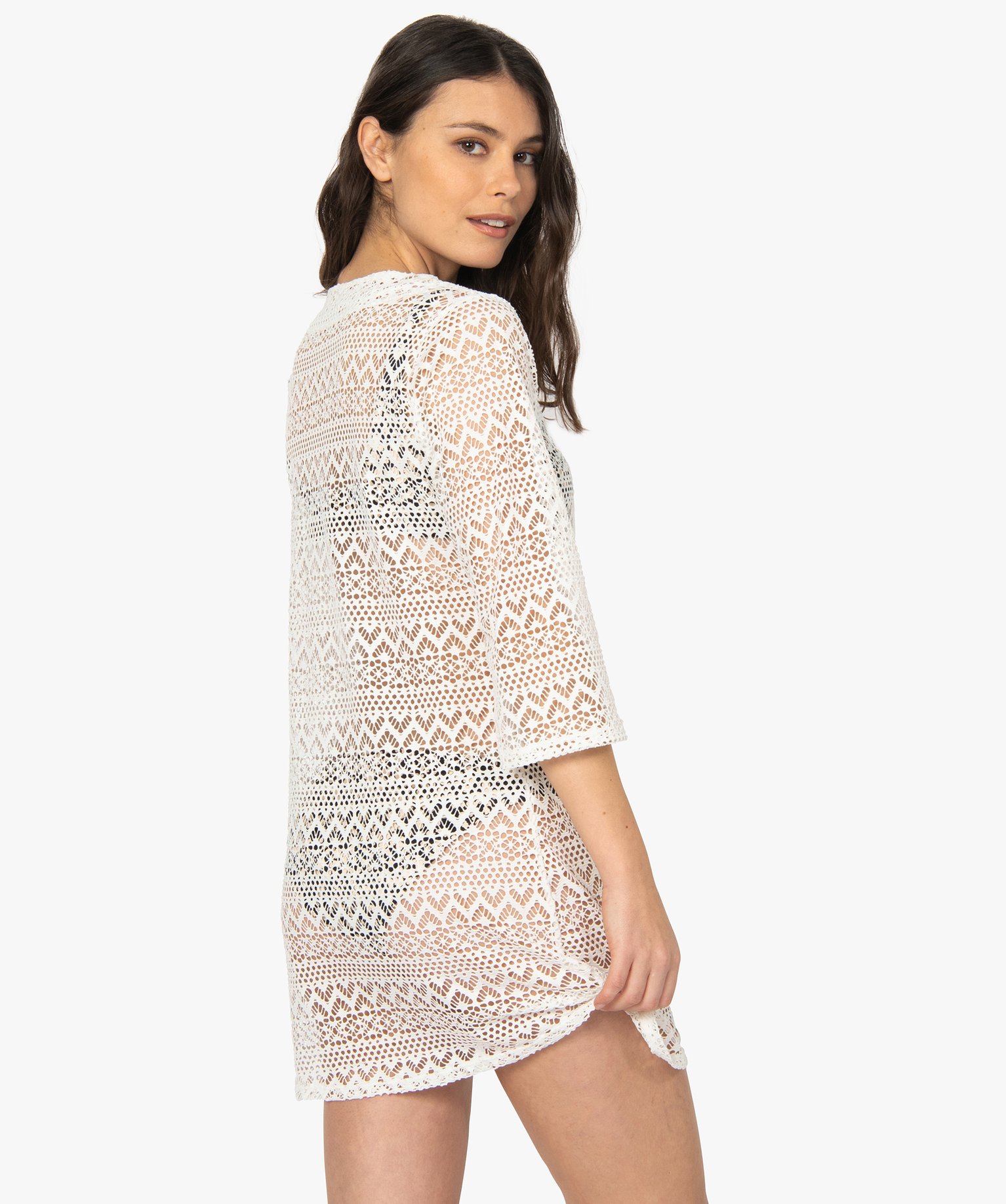 Robe de plage femme courte ajourée à manches 3/4 blanc | GEMO