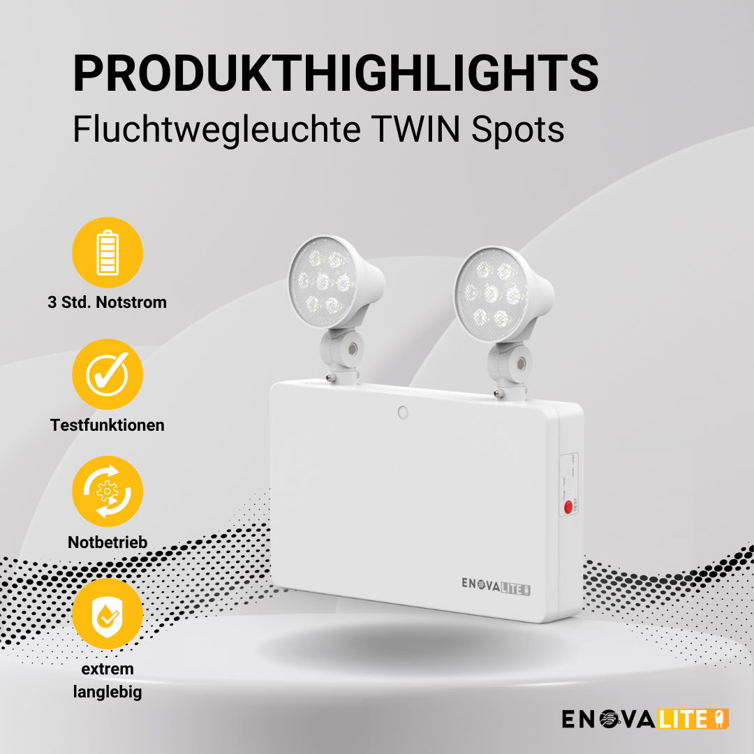 ENOVALITE LED-Fluchtwegleuchte Twin-Spot 3W, Notausgang mit Notstromeinheit, TEST-Funktion, Wandmontage, IP65