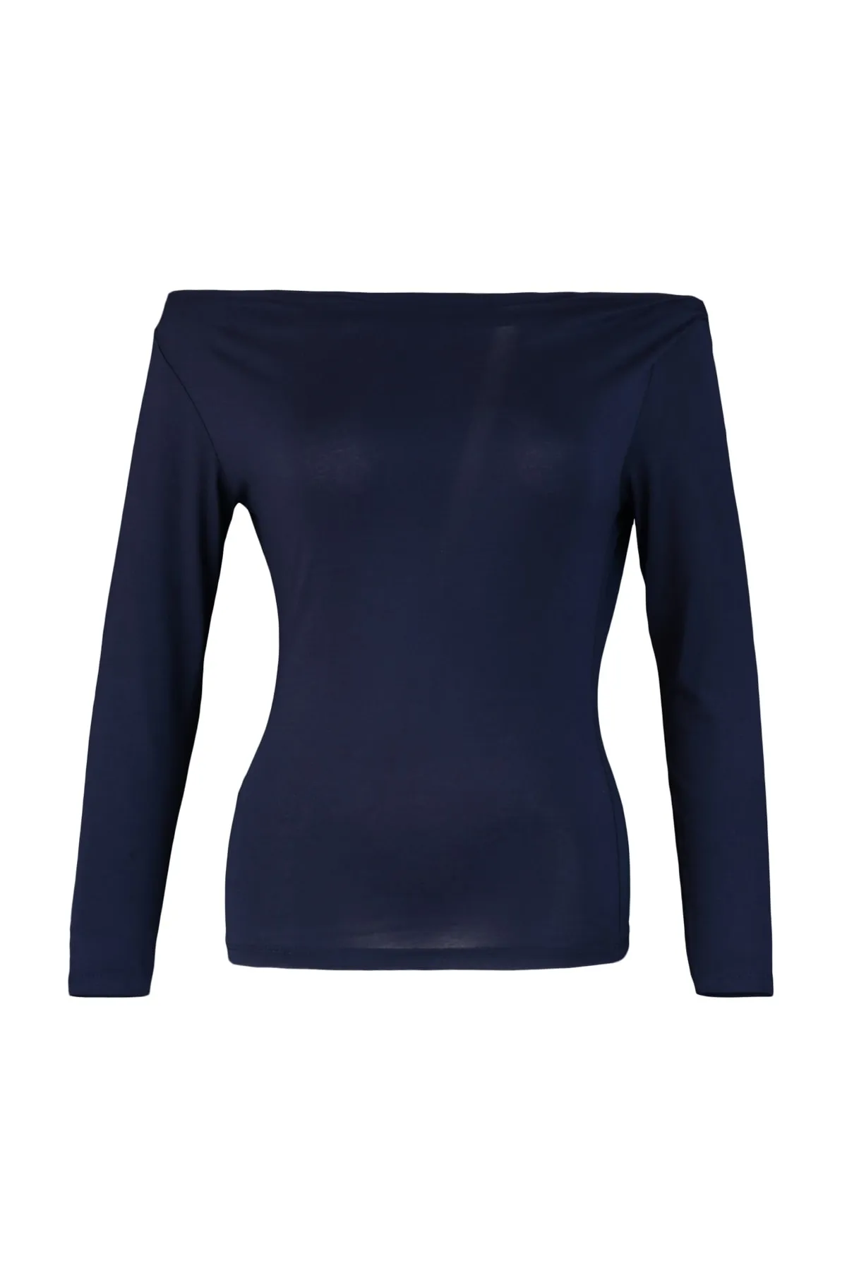 Trendyol Collection  Marineblaue, langärmlige, dehnbare Viskose-Strickbluse mit U-Boot-Ausschnitt TWOAW21BZ0106