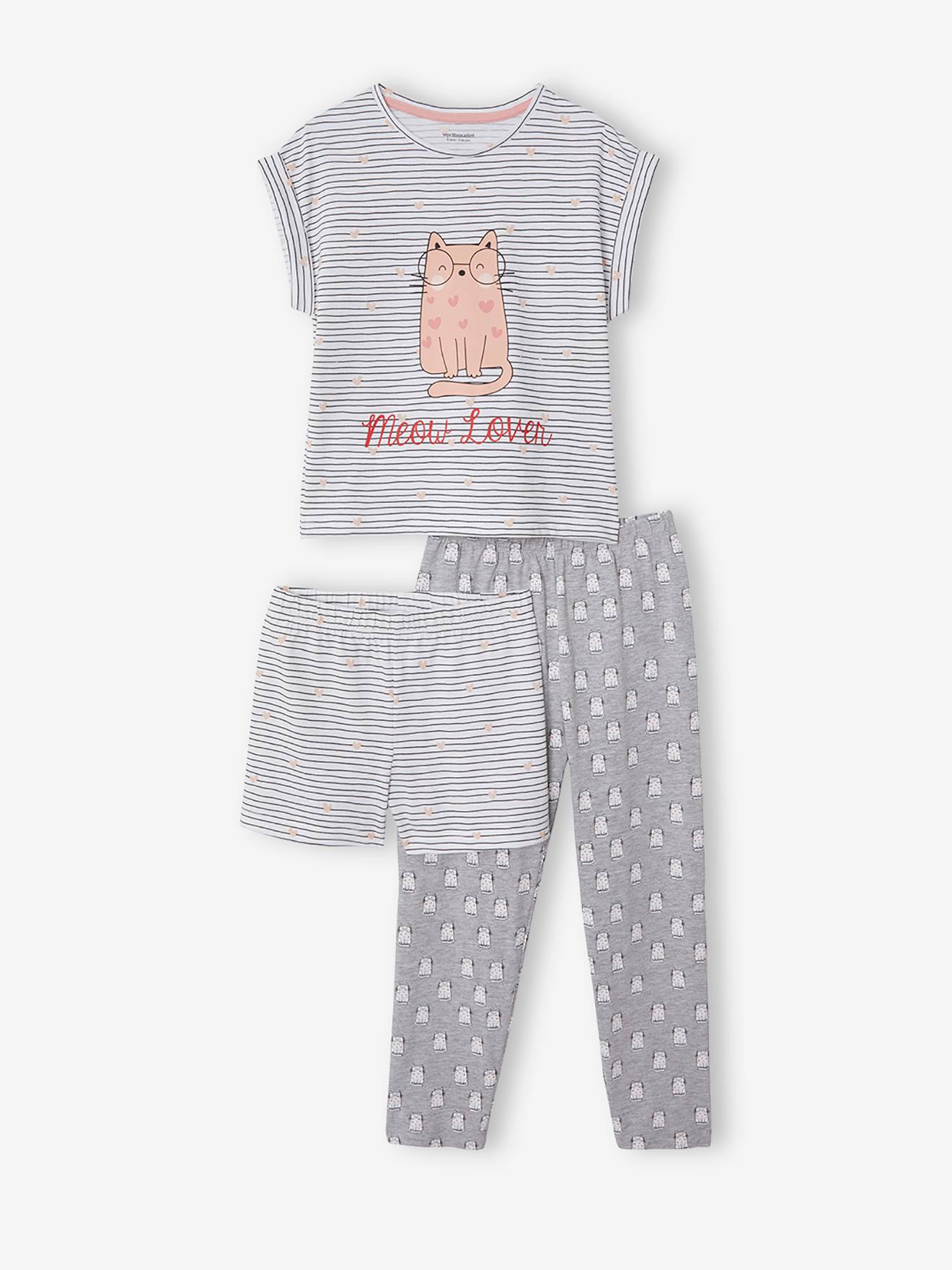 T-shirt + short + pantalon pyjama fille lot blanc rayé
