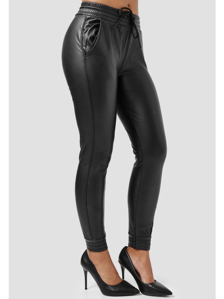 Newplay Leder Optik Stretch Hose Beschichtet Coated Jogger Pants Gefüttert in Schwarz günstig kaufen