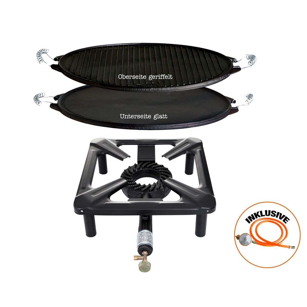 Allgrill Hockerkocher-Set klein mit Gusseisen-Grillplatte Ø 38 cm inkl. Gasschlauch Regler