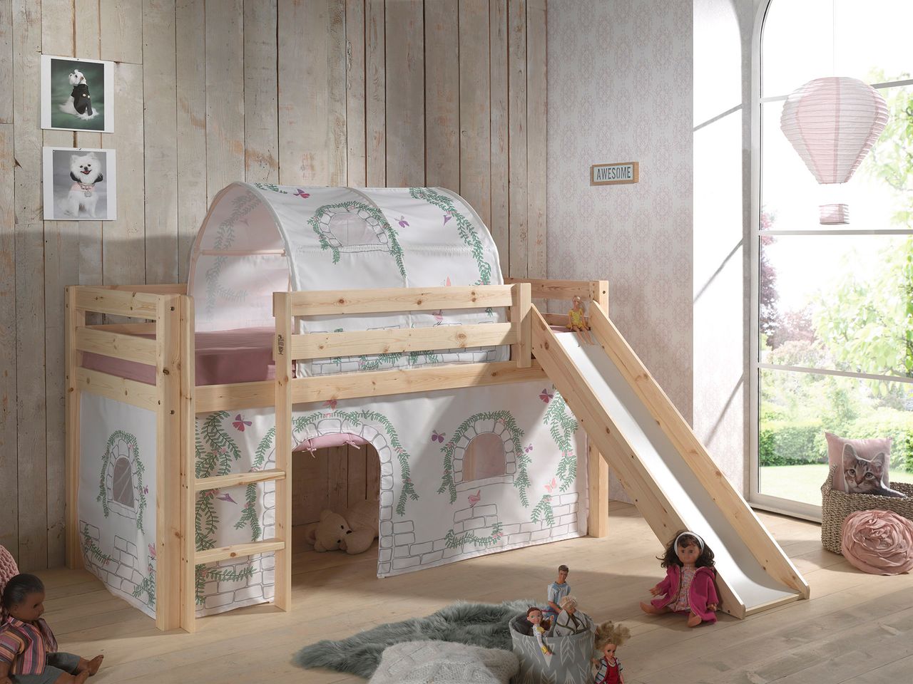 VIPACK Spielbett Pino inkl. Rutsche mit Textilset Vorhang und Tunnel 