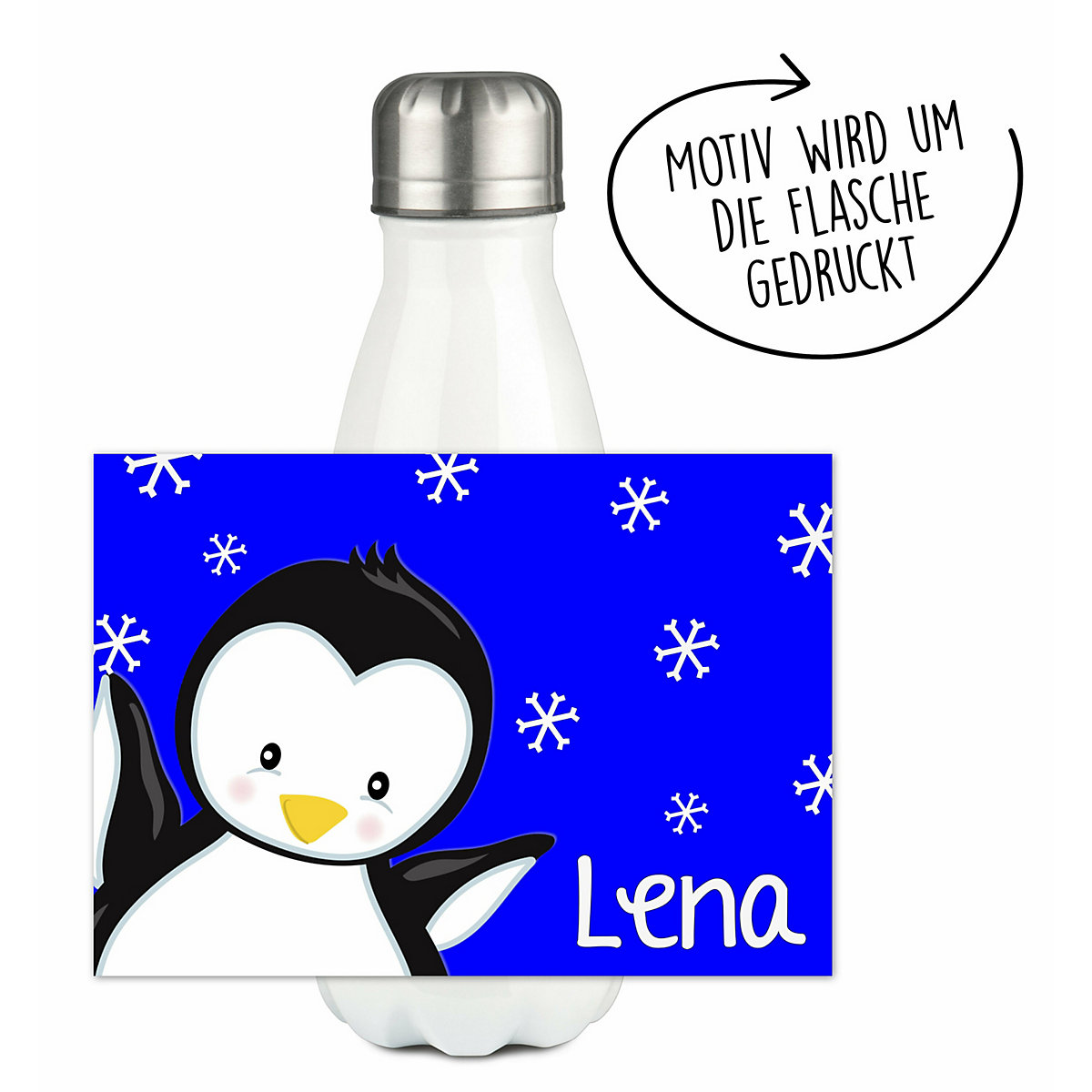 Edelstahl Kinder Thermoflasche / Trinkflasche bunt Pinguin Farbe blau Spülmaschinenfest, Auslaufsicher, Bruchfest, Doppelwandig, Für Heißgetränke geeignet, Mit Deckel, Isoliert