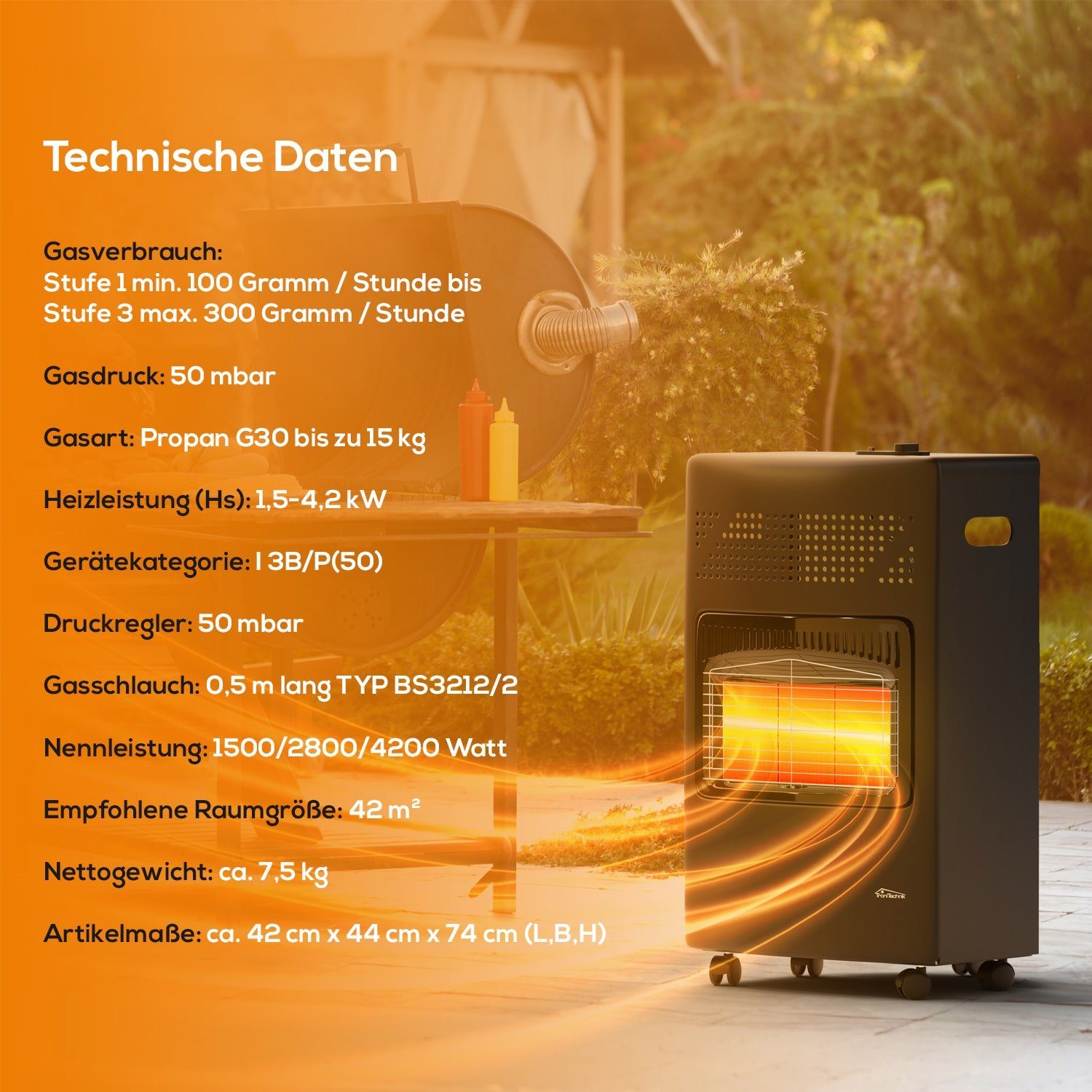 TroniTechnik Heizgerät Infrarot- Heizgerät HB-015 Gasheizer,Piezo-Zündung,4200 Watt,I3B/P(50), 4200 W, Überhitzungsschutz, drei Leistungsstufen:1500/2800/4200 Watt Edelstahl