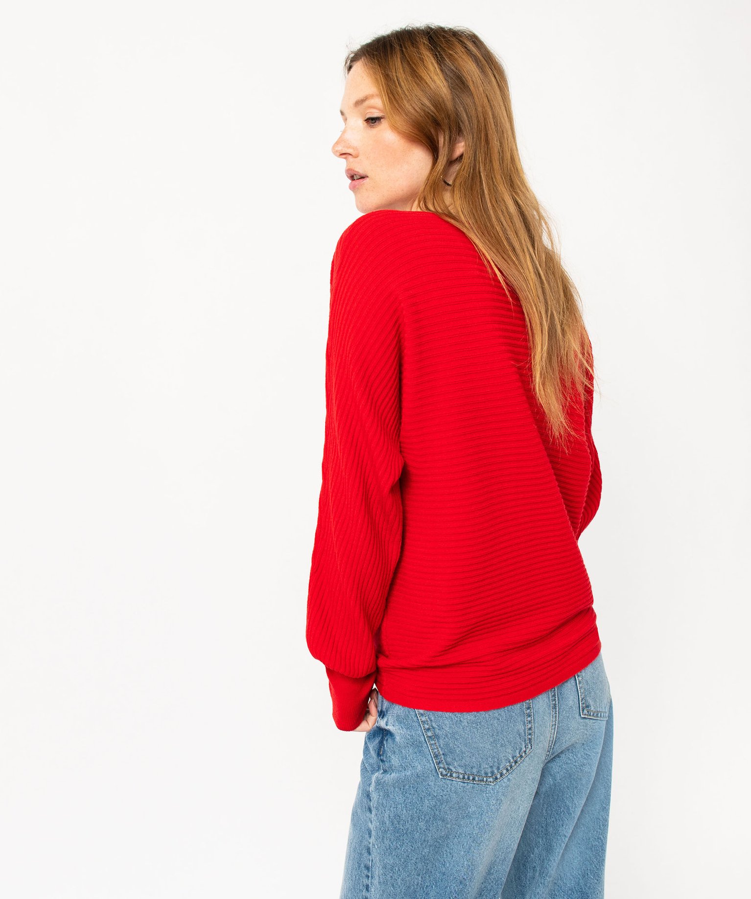 Pull en maille ctelée avec manches chauve-souris femme rouge | GEMO