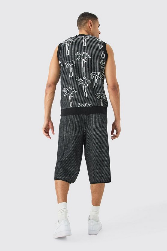 Geripptes Strick-Tanktop mit Knopfleiste und Palmen-Print