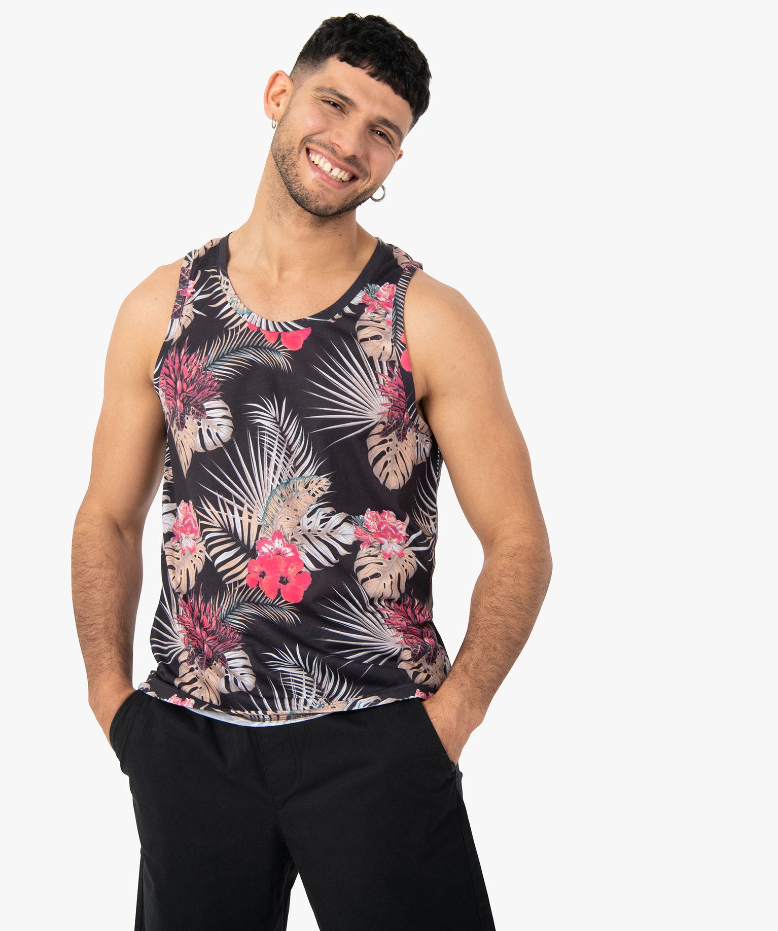 Débardeur homme à motifs fleuris noir | GEMO