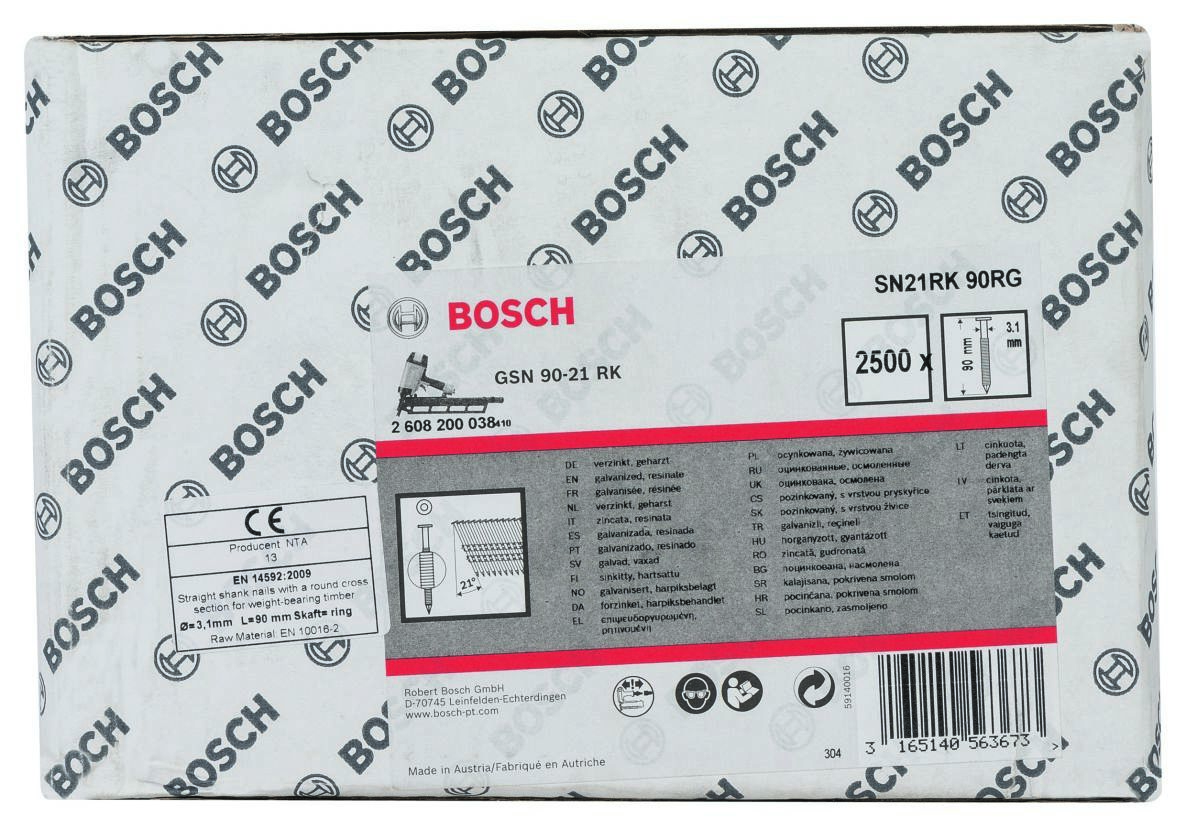Bosch Blue Accessories 2608200038 SN21RK 90RG Strip Nail 21° Galvanized Ring 90 mm 2500 pieces
