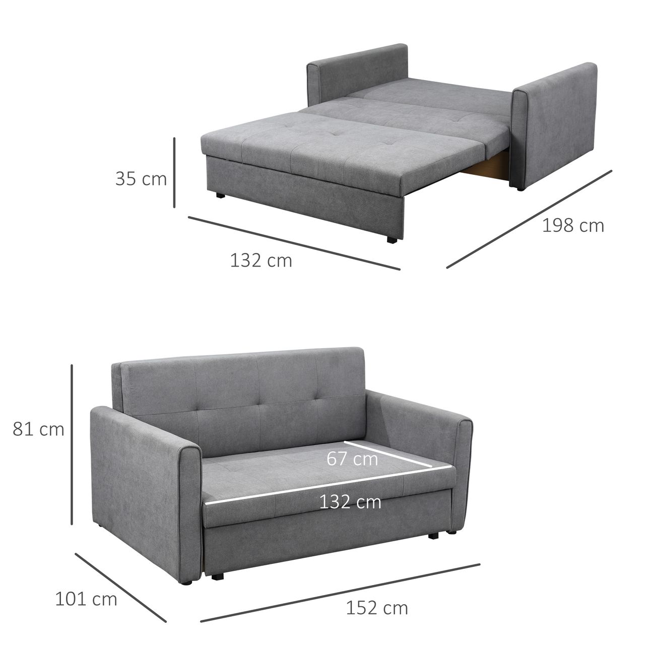 HOMCOM Schlafsofa 2-Sitzer Sofa, Polstersofa mit Stauraum, Rückenkissen, Grau