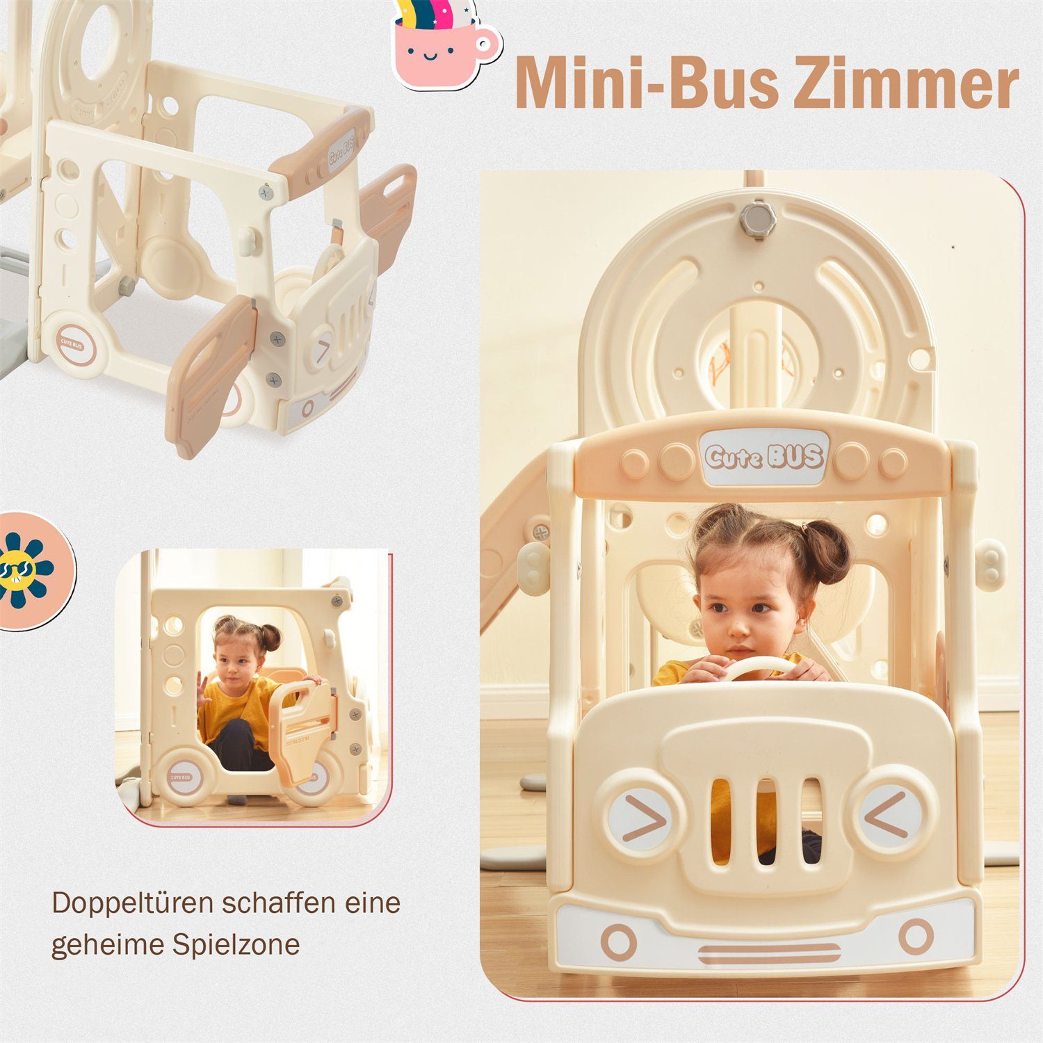Fangqi Indoor-Rutsche 4-in-1-Kinderrutsche, Indoor-Spielzeug, Rutschenset,Weihnachtsgeschenk, (mit Bus, Rutsche, Aktivitätsleiter, Basketballkorb und passenden Basketbällen)