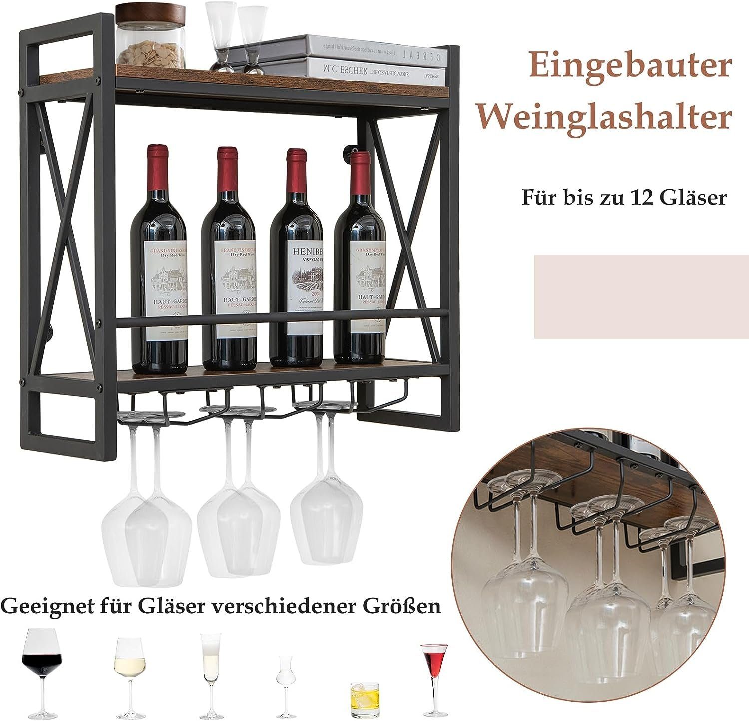KOMFOTTEU Weinregal Wandregal, mit Glashalter, 60 × 20 × 55cm