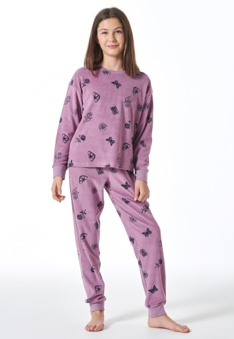 Schlafanzig lang Frottee Bündchen Schmetterlinge mauve - Nightwear