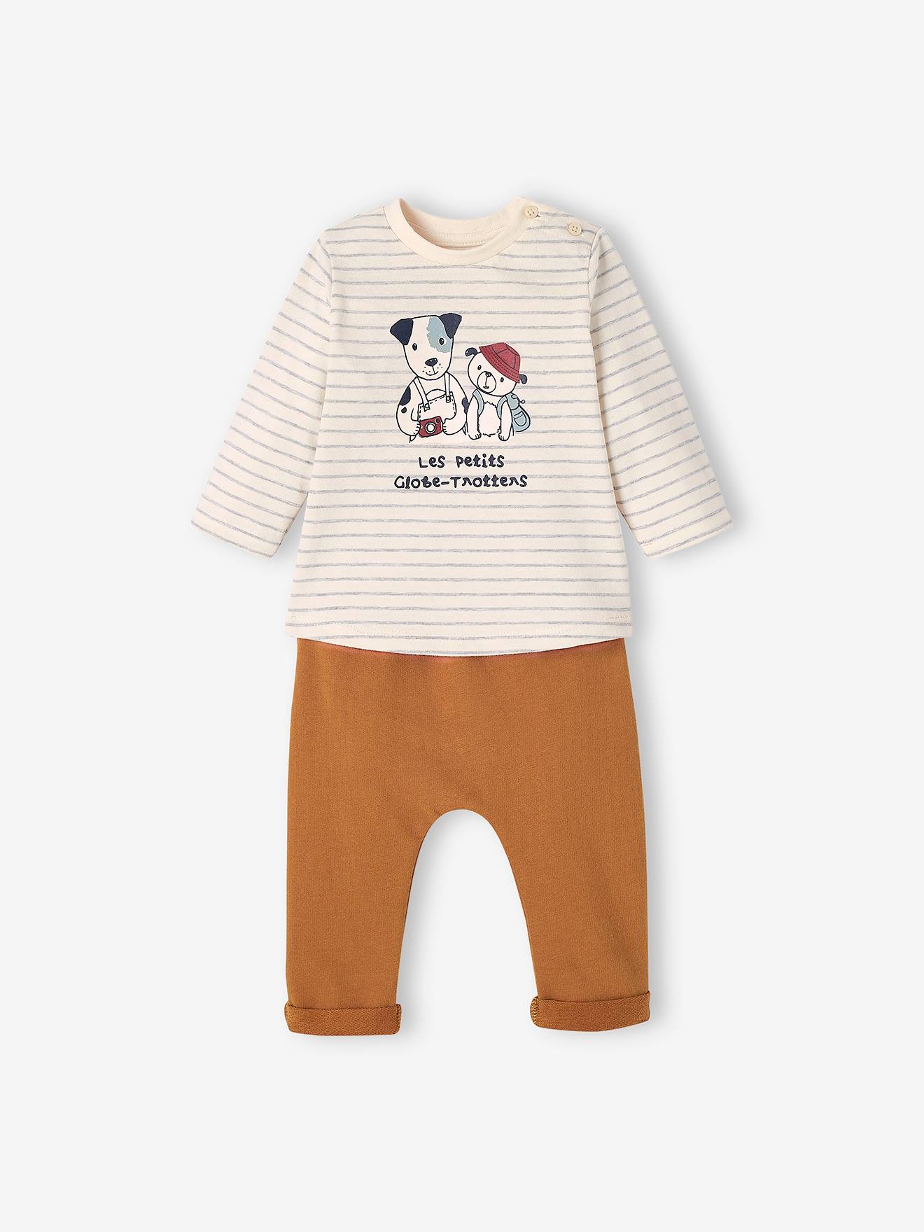 Ensemble T-shirt et pantalon molleton bébé rayé / caramel