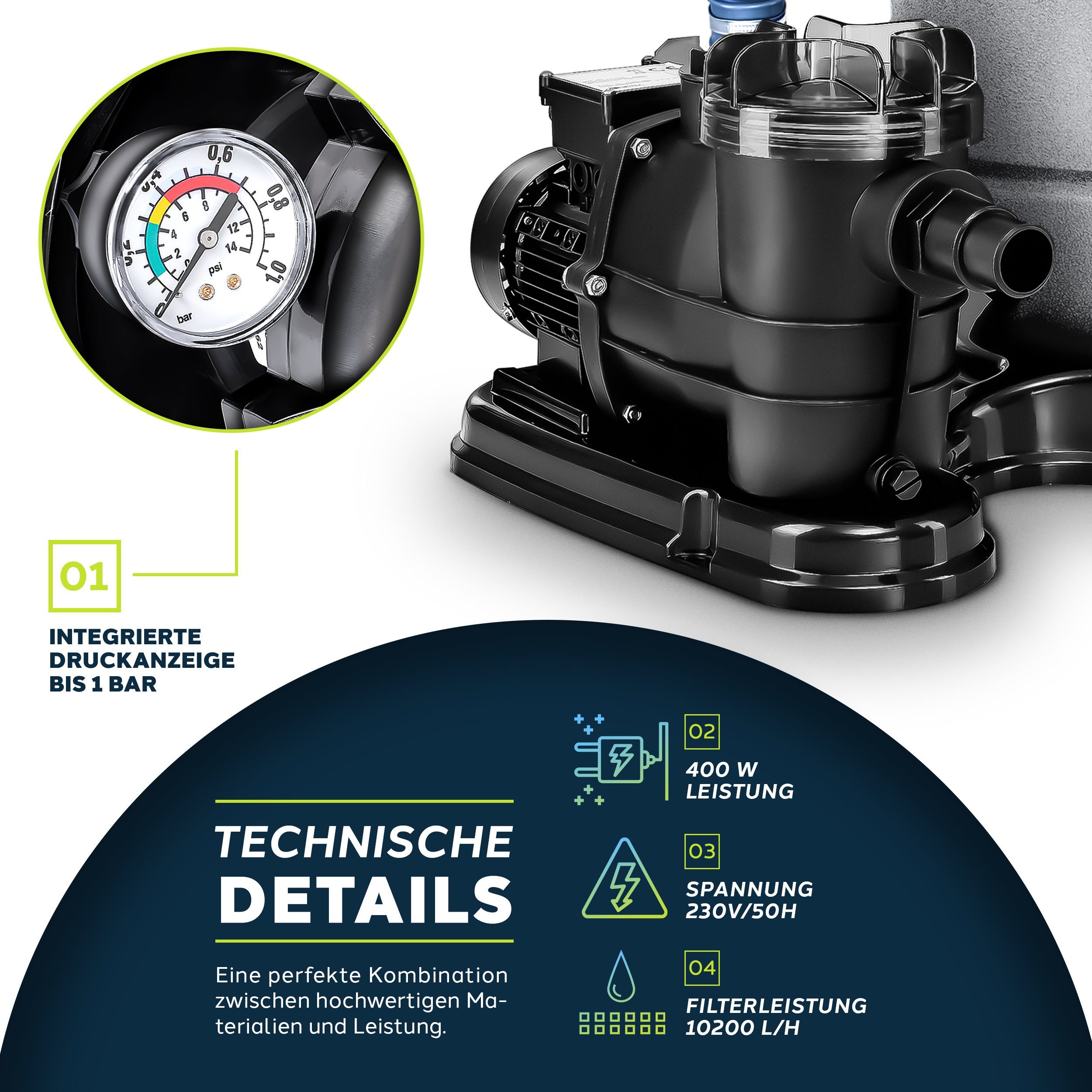 tillvex Sandfilteranlage 10 m³/h Filteranlage 5-Wege Ventil Poolfilter, Filterkessel mit Druckanzeige Sandfilter für Pool und Schwimmbecken