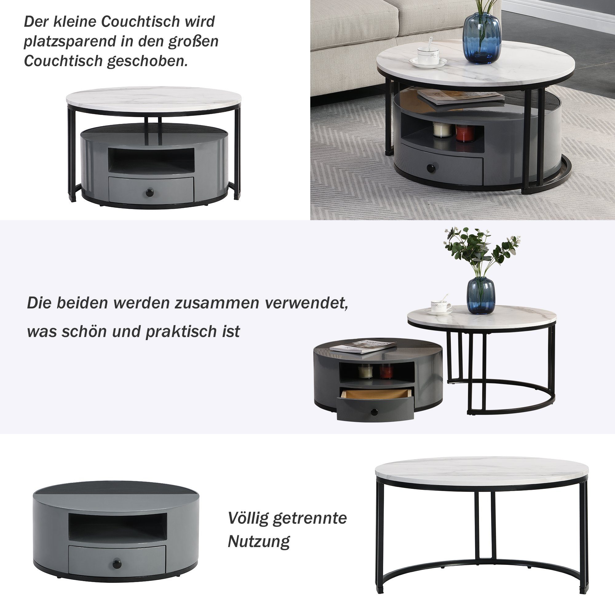BlingBin Couchtisch Zweiteiliger Nesting-Couchtisch (1-St., 2er set, Schwarzer und grauer PVC-Marmor-Look und Aufbewahrung), mit Schublade und offener Stauraum, Staufach unter dem Schreibtisch