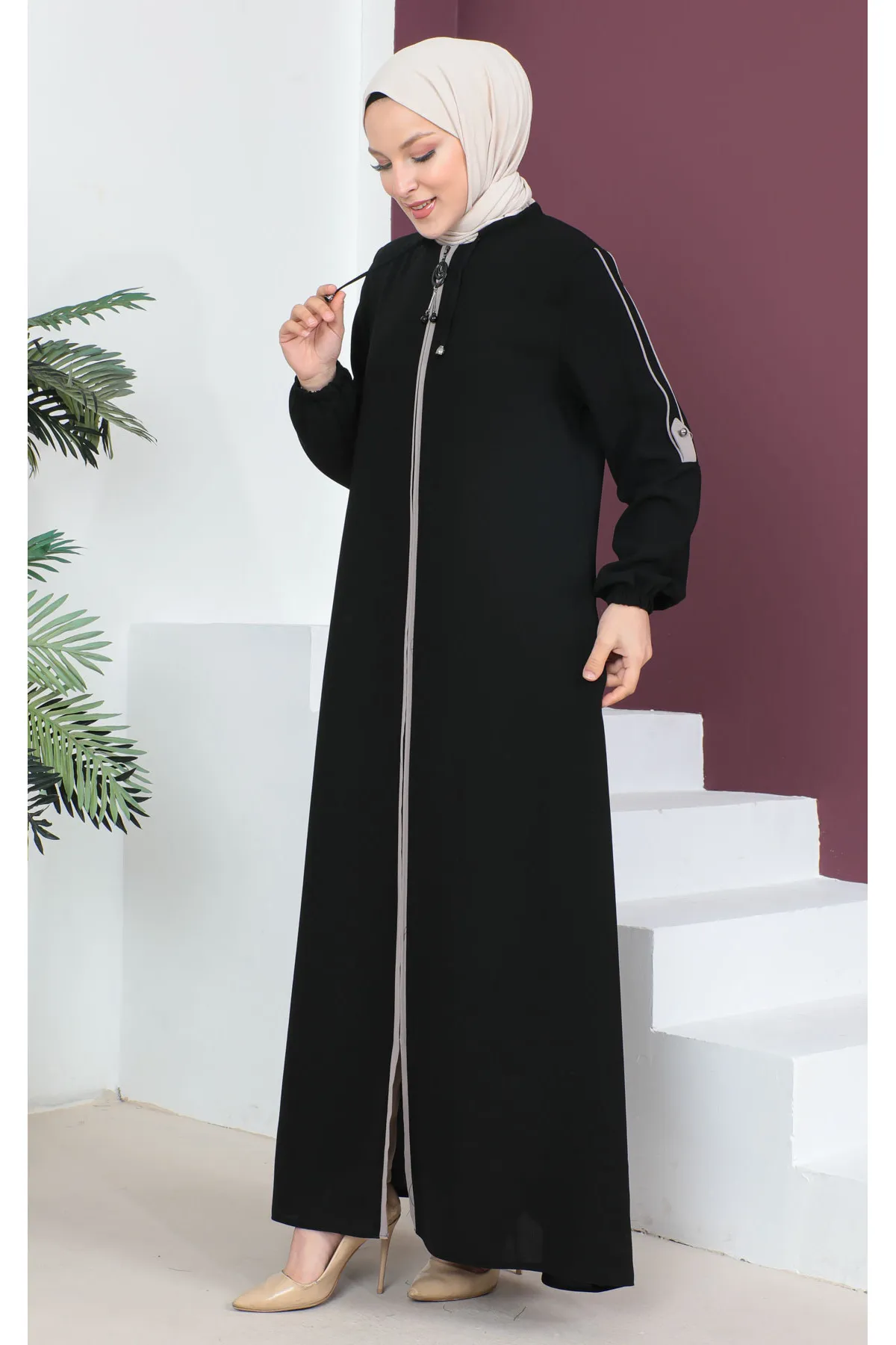 Tesettür Dünyası  Geknöpfte Ärmel Hijab Abaya Tsd230440 Schwarz