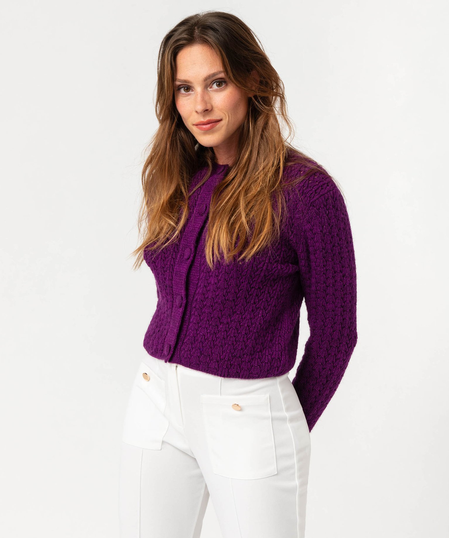Gilet court en maille ajourée femme violet | GEMO