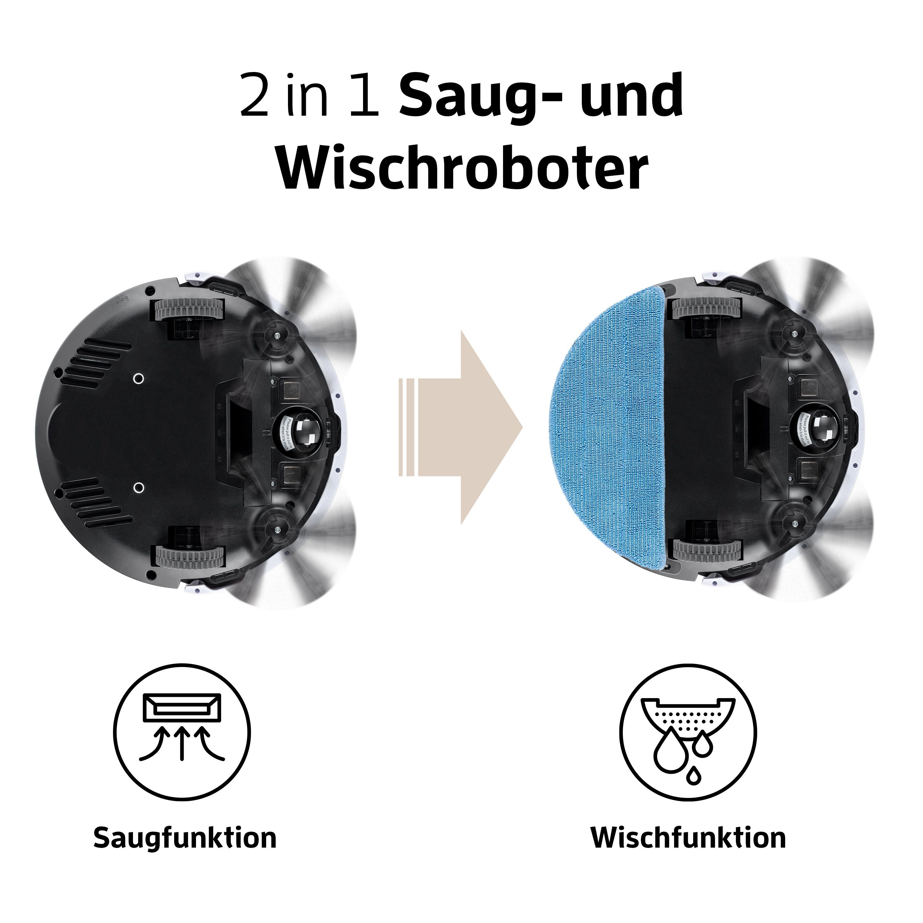 ZACO Nass-Trocken-Saugroboter V5sPro, 22 W, beutellos, Wischfunktion, Fallschutz, Haustiere und Allergiker geeignet, leise