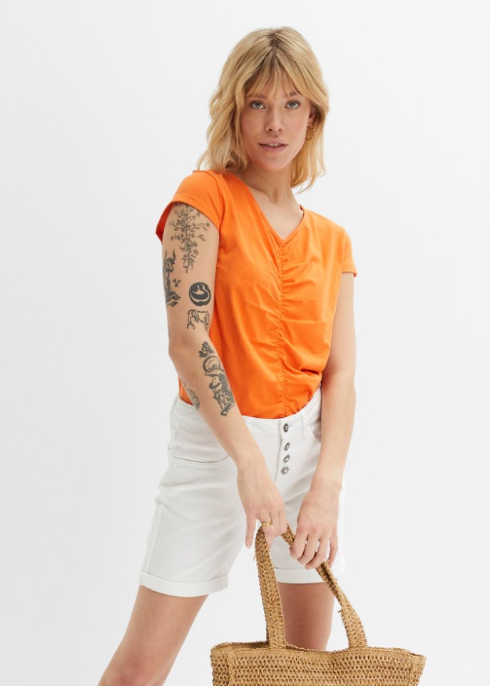 Baumwoll-Shirt mit Raffung und V-Ausschnitt