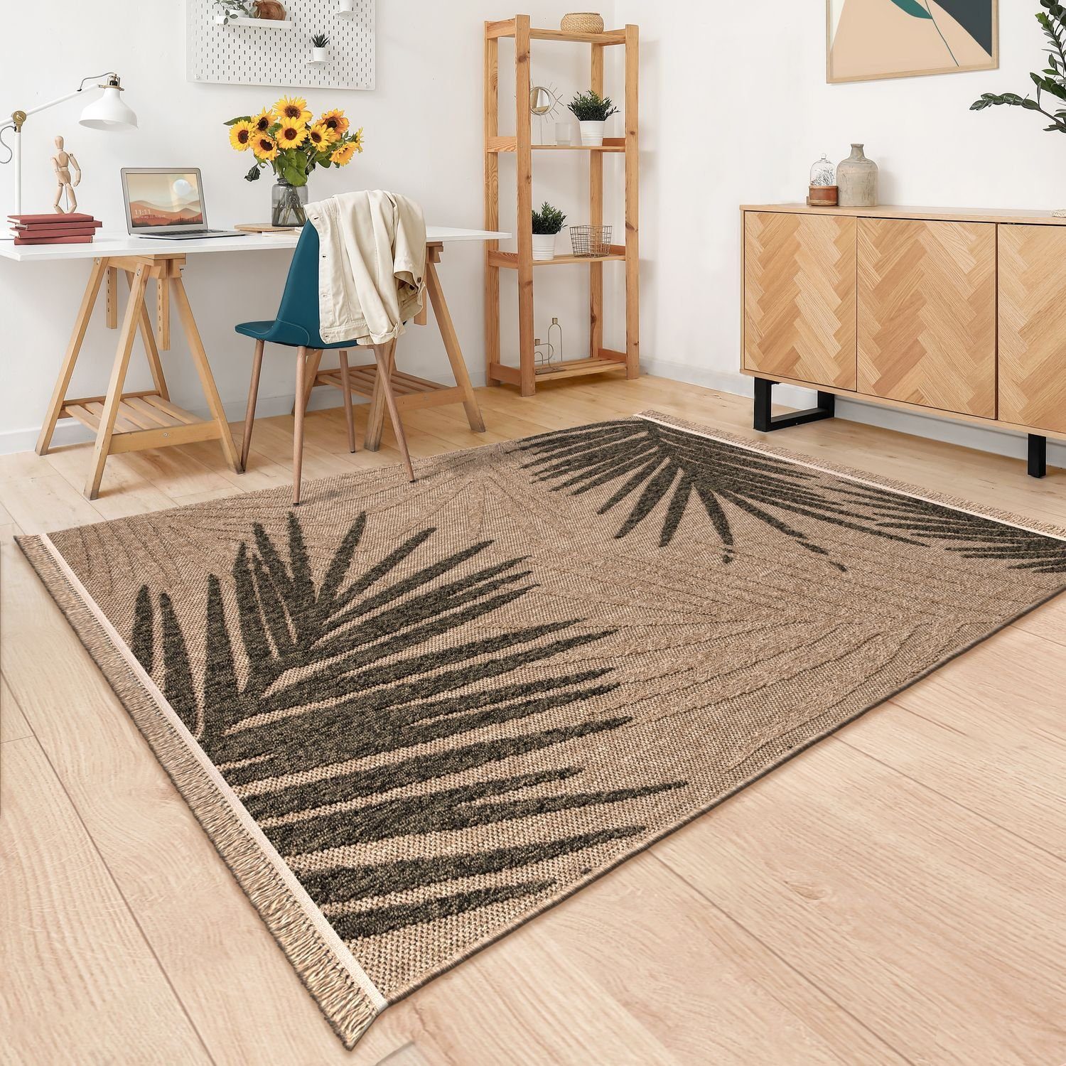 Outdoorteppich Balkon Terrasse Wetterfest Küche Boho Blattmotiv Mit Fransen Modern, TT Home, rechteckig, Höhe: 11 mm